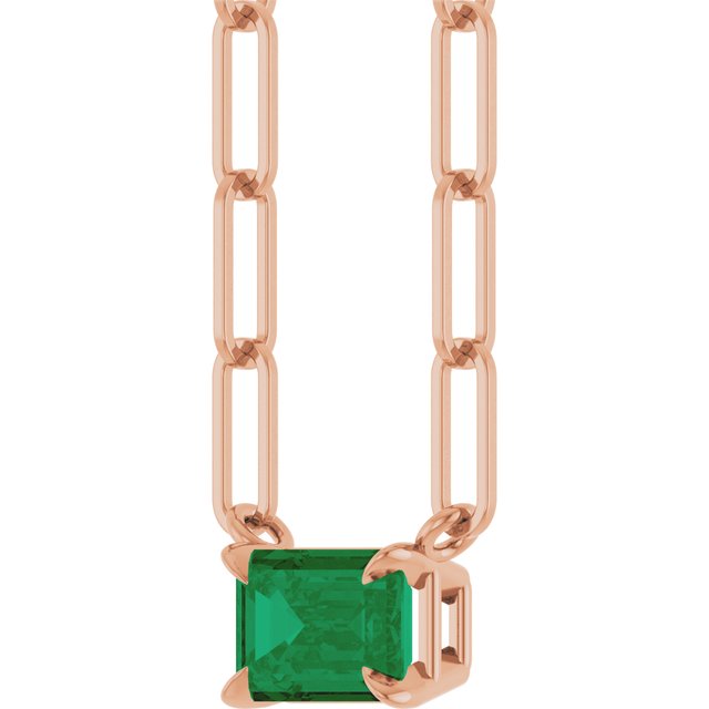 14K Rose 6x4 mm Lab-Grown Emerald Solitaire 18" Necklace