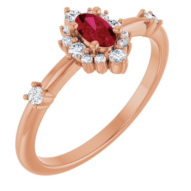 14K Rose Lab-Grown Ruby & 1/6 CTW Natural Diamond Halo-Style Ring