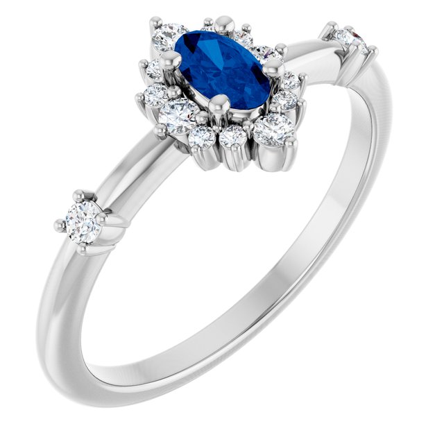 14K White Lab-Grown Blue Sapphire & 1/6 CTW Natural Diamond Halo-Style Ring