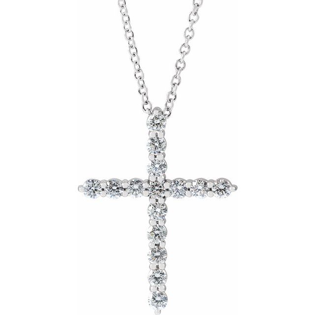 14K White 3/4 CTW Lab-Grown Diamond Cross 16-18" Necklace