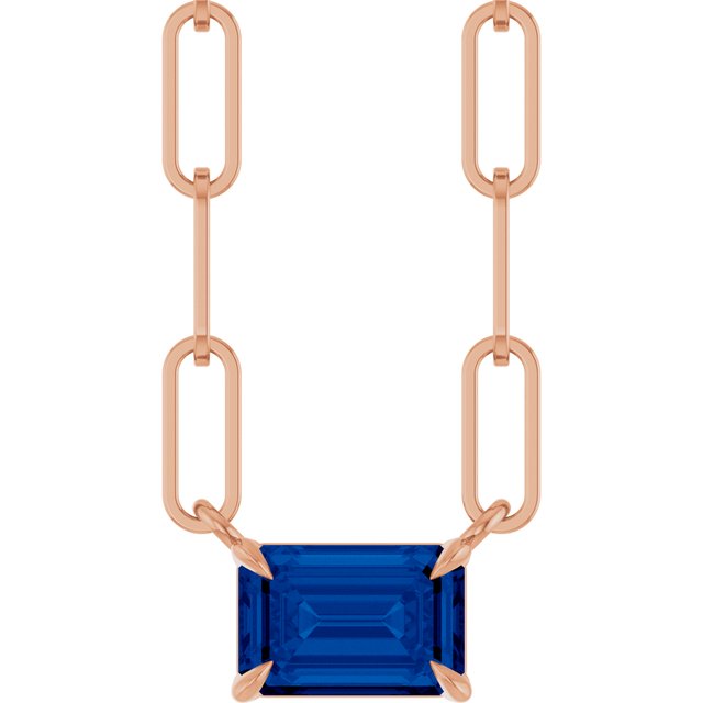 14K Rose 6x4 mm Lab-Grown Blue Sapphire Solitaire 16" Necklace