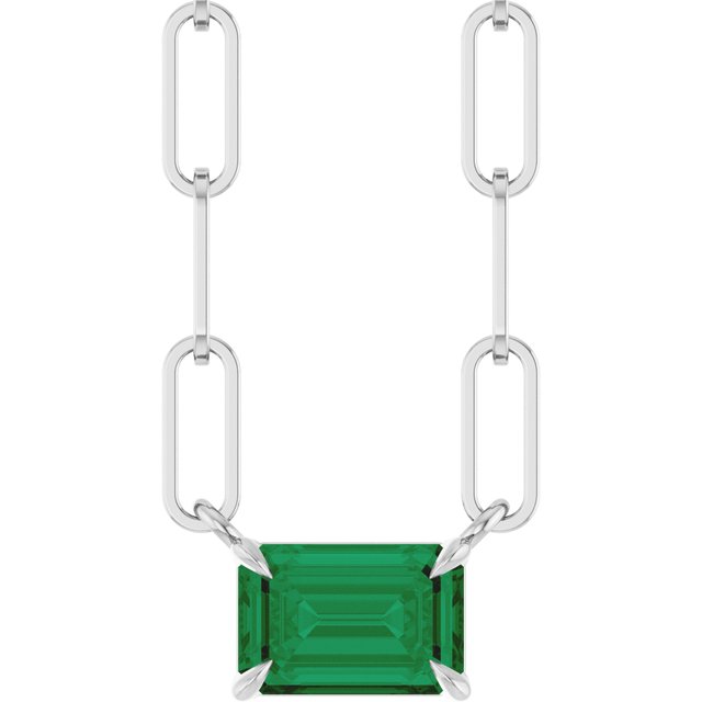 14K White 6x4 mm Lab-Grown Emerald Solitaire 16" Necklace