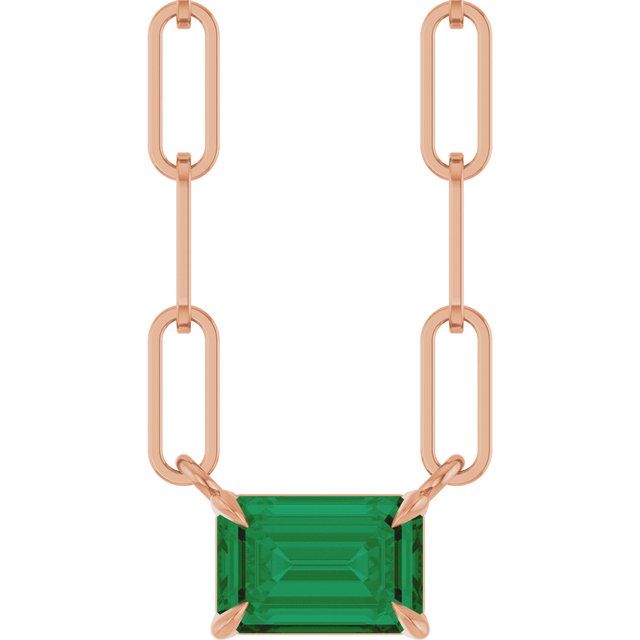 14K Rose 6x4 mm Lab-Grown Emerald Solitaire 16" Necklace