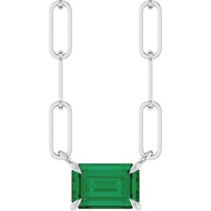 Sterling Silver 6x4 mm Lab-Grown Emerald Solitaire 18" Necklace