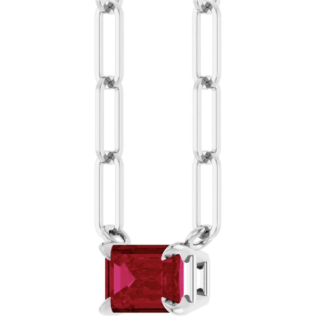 14K White 6x4 mm Lab-Grown Ruby Solitaire 16" Necklace