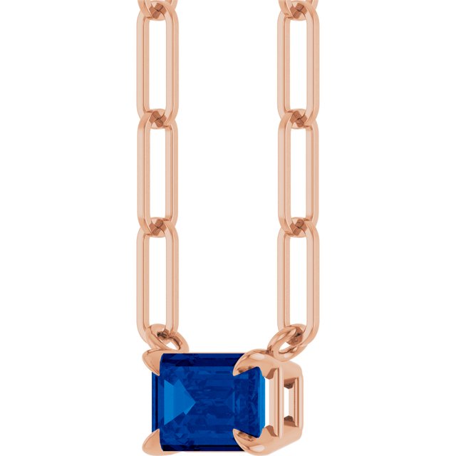14K Rose 6x4 mm Lab-Grown Blue Sapphire Solitaire 16" Necklace