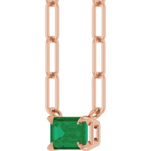 14K Rose 6x4 mm Lab-Grown Emerald Solitaire 16" Necklace