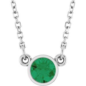 Rhodium-Plated Sterling Silver Lab-Grown Emerald Solitaire 16" Necklace