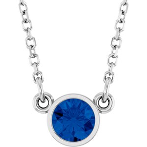 Rhodium-Plated Sterling Silver Lab-Grown Blue Sapphire Solitaire 16" Necklace