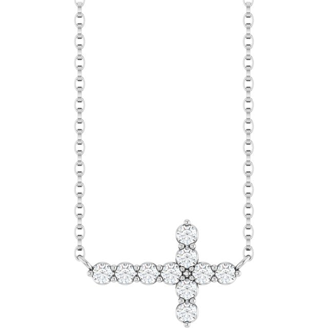 14K White 1/3 CTW Lab-Grown Diamond Sideways Cross 18" Necklace