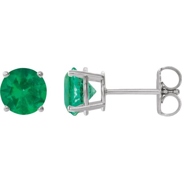 14K White 7 mm Lab-Grown Emerald Stud Earrings
