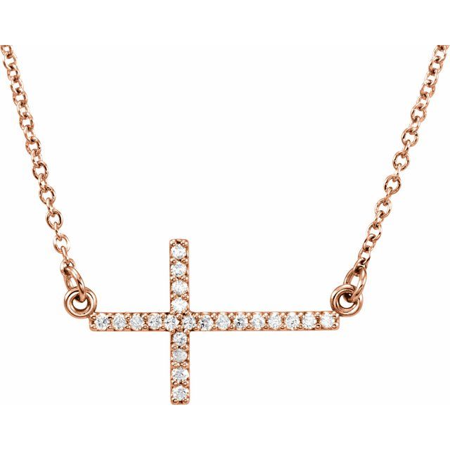 14K Rose 1/10 CTW Lab-Grown Diamond Sideways Cross 16-18" Necklace