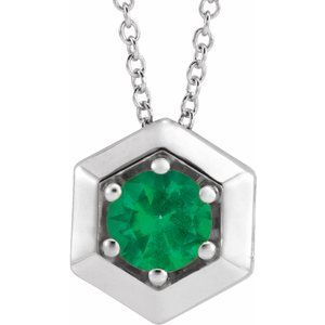 Sterling Silver Lab-Grown Emerald Geometric 16-18" Necklace