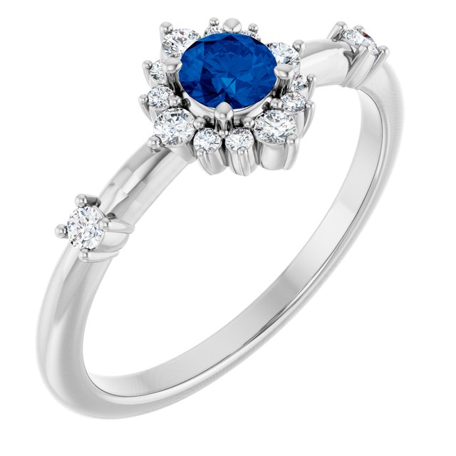 14K White Lab-Grown Blue Sapphire & 1/6 CTW Natural Diamond Halo-Style Ring