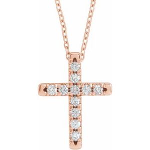 14K Rose 1/5 CTW Lab-Grown Diamond French-Set Cross 16-18" Necklace