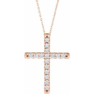 14K Rose 3/4 CTW Lab-Grown Diamond French-Set Cross 16-18" Necklace