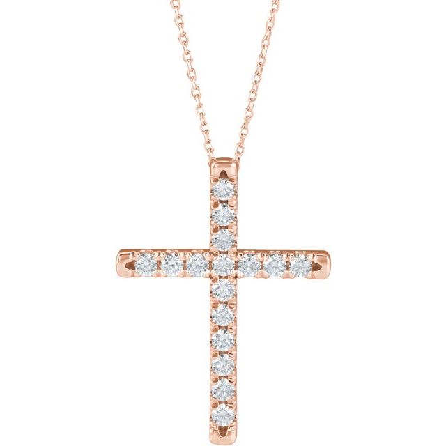 14K Rose 3/4 CTW Lab-Grown Diamond French-Set Cross 16-18" Necklace
