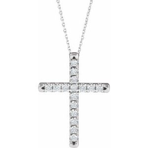 14K White 3/4 CTW Lab-Grown Diamond French-Set Cross 16-18" Necklace