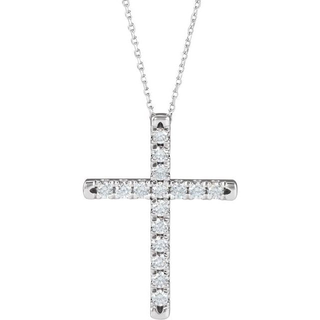 14K White 3/4 CTW Lab-Grown Diamond French-Set Cross 16-18" Necklace