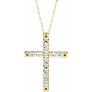 14K Yellow 3/4 CTW Lab-Grown Diamond French-Set Cross 16-18" Necklace