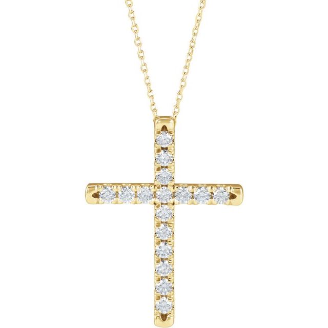 14K Yellow 3/4 CTW Lab-Grown Diamond French-Set Cross 16-18" Necklace